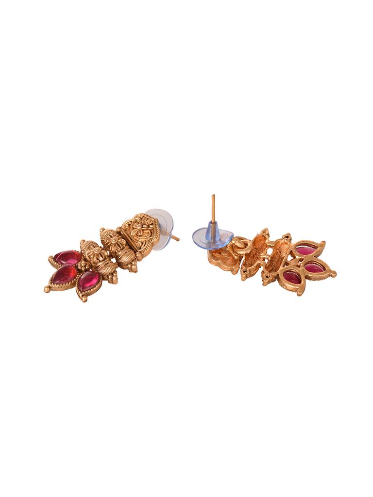 Gold Plated Red Stone Studded Handcrafted Leaf Design Temple Jewellery Set : SJNK2003
