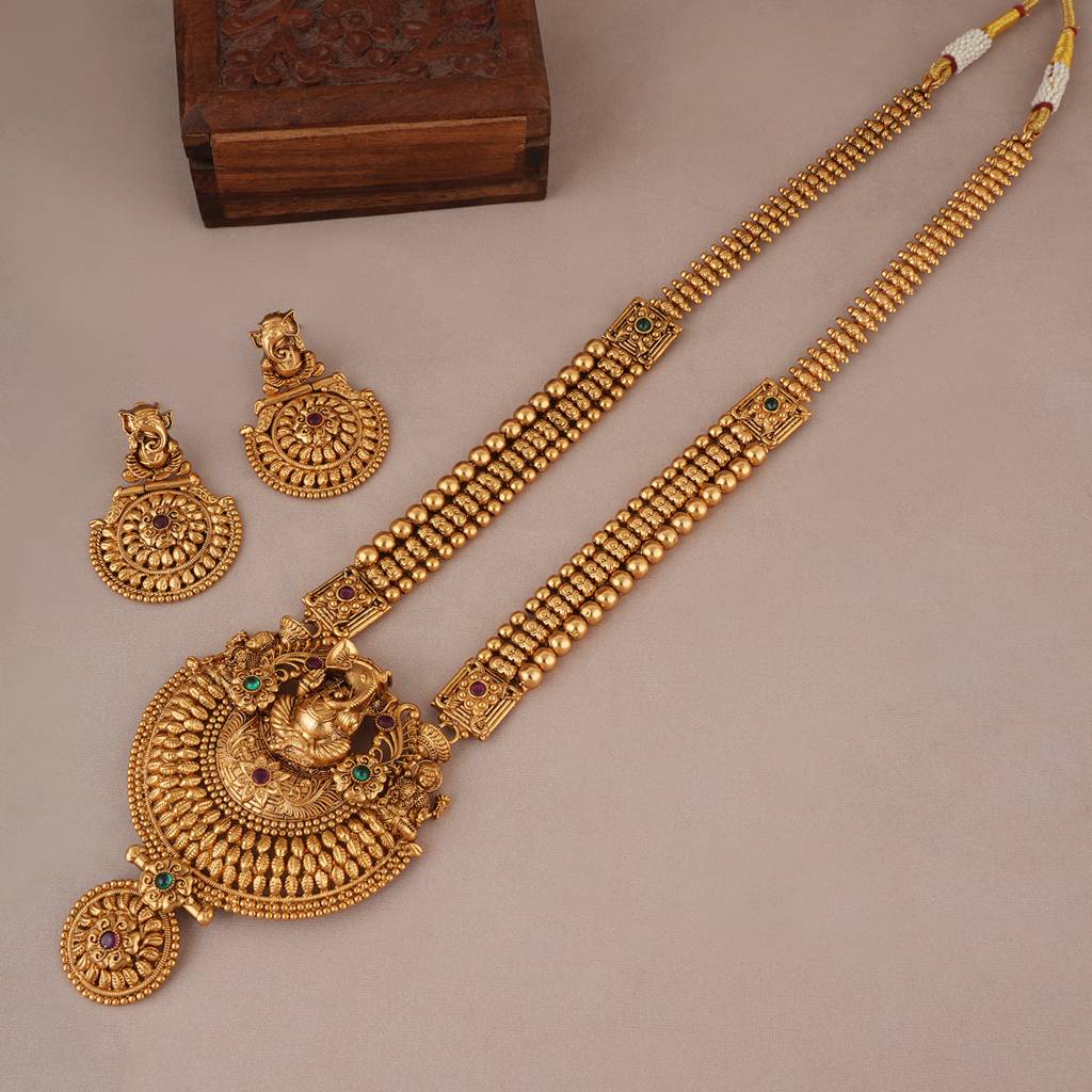 Long Antique Gold Plated Ganesh Necklace Set I Temple Jewellery