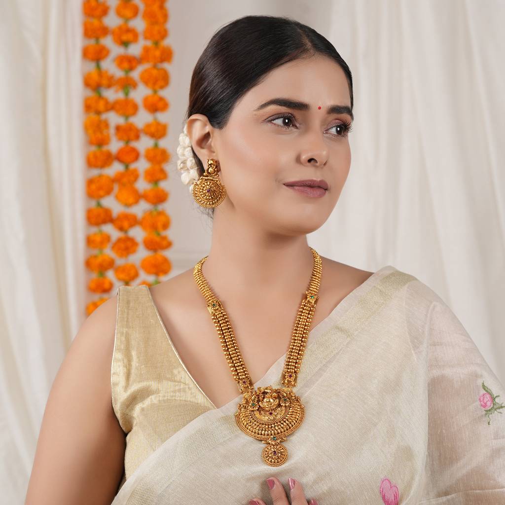 Long Antique Gold Plated Ganesh Necklace Set I Temple Jewellery : SJ386