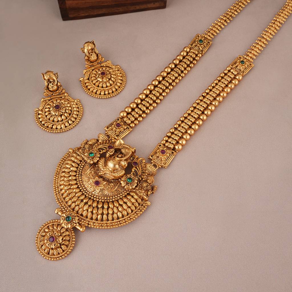 Long Antique Gold Plated Ganesh Necklace Set I Temple Jewellery : SJ386