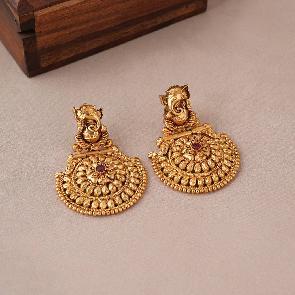 Long Antique Gold Plated Ganesh Necklace Set I Temple Jewellery : SJ386