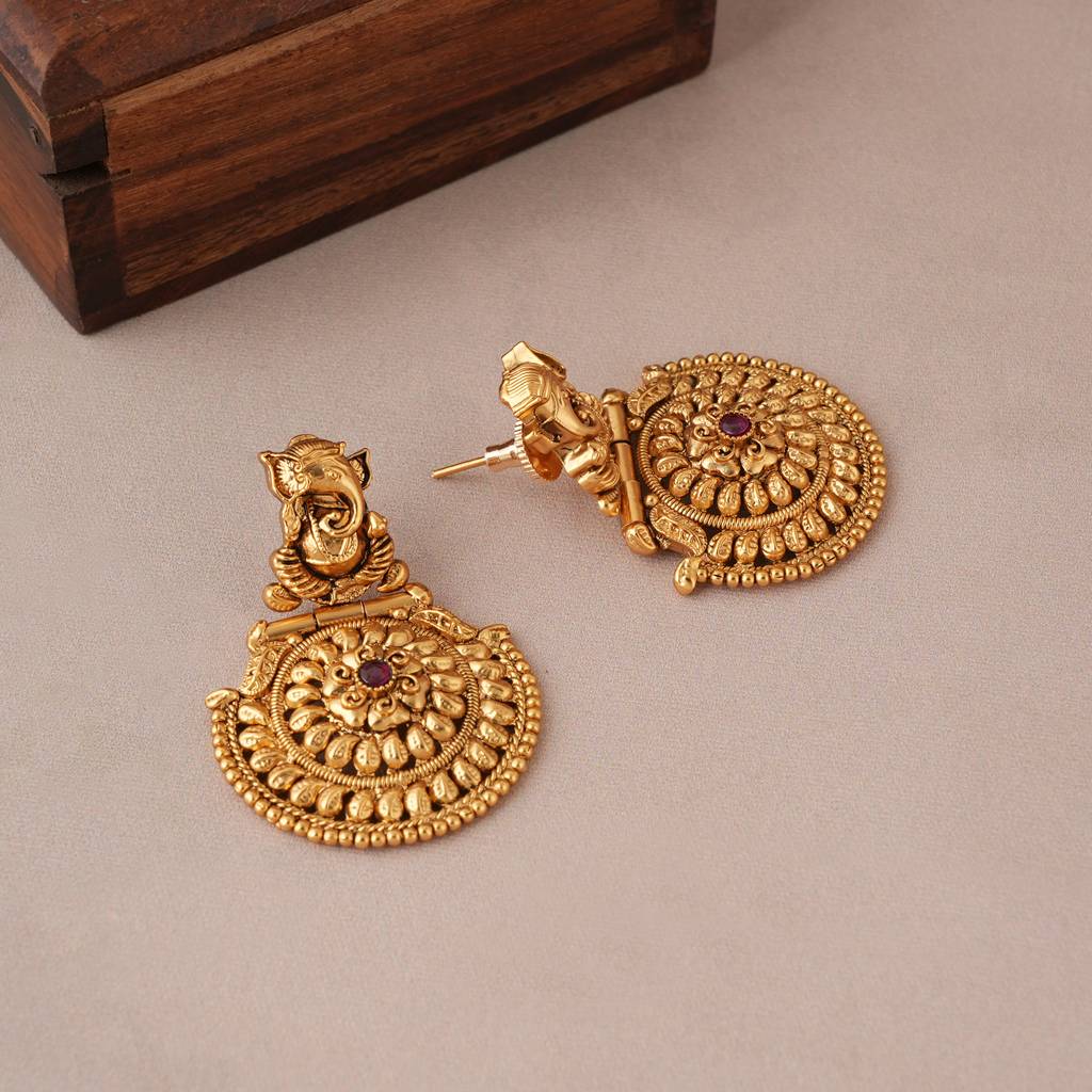 Long Antique Gold Plated Ganesh Necklace Set I Temple Jewellery : SJ386