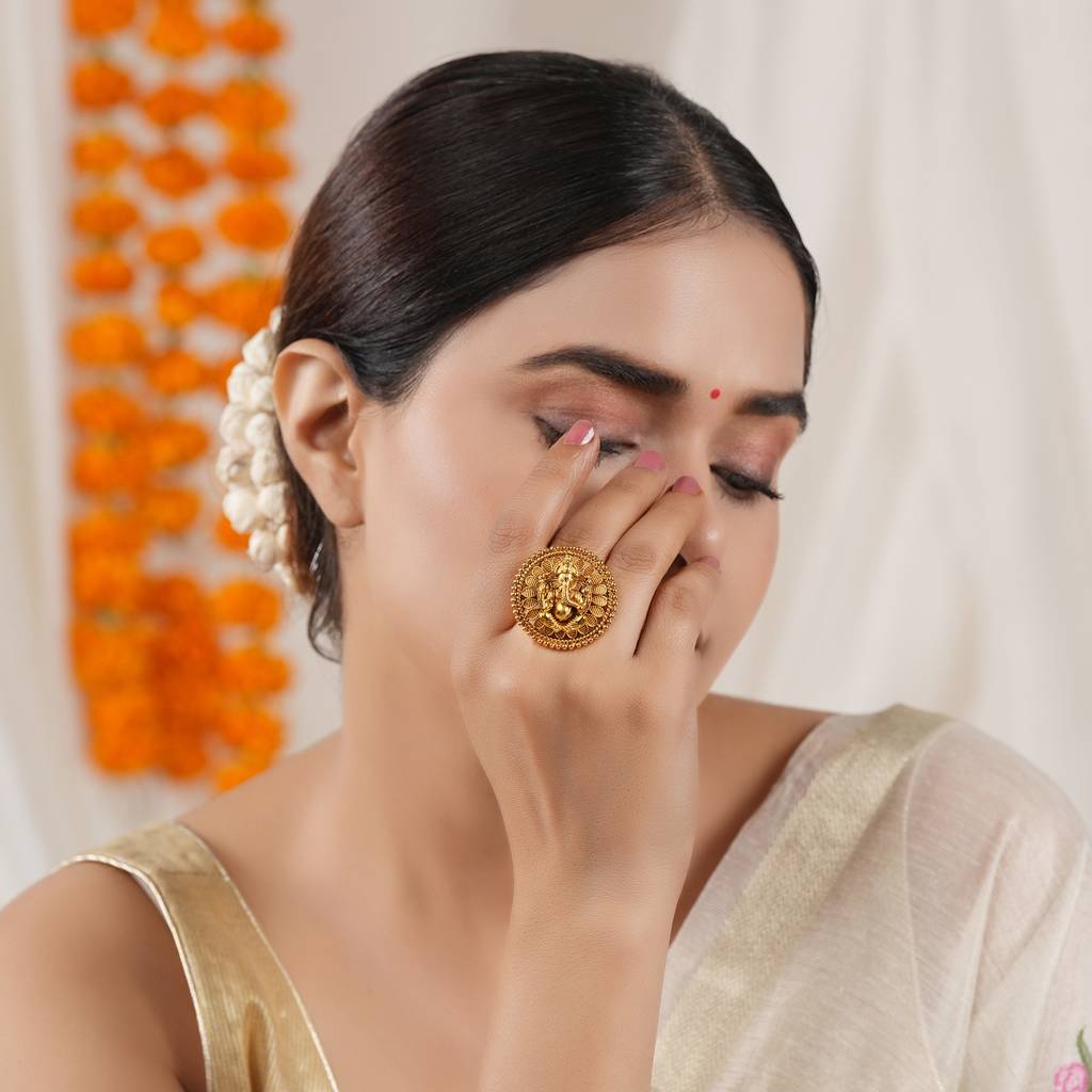 Cute Antique Gold Lord Ganesh Finger Ring I Temple Jewellery : SJ380