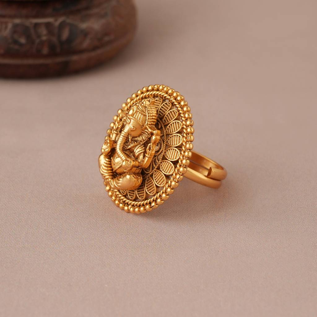Cute Antique Gold Lord Ganesh Finger Ring I Temple Jewellery : SJ380