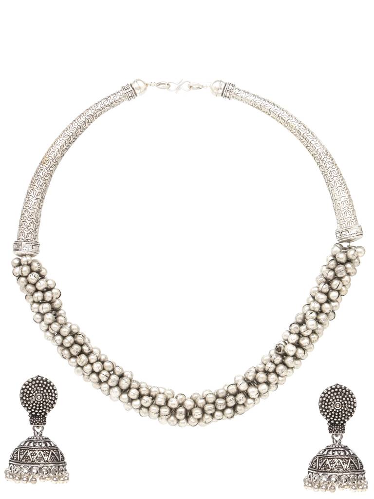 Silver Oxidised  Handcrafted Ghugroo Beaded  Tribal  Hasli Jewellery Set : SJNK2006