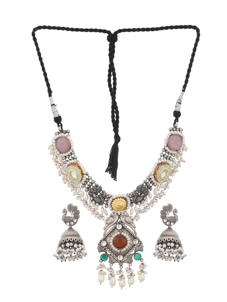 Silver Oxidised Kundan Studded & Pearl Beaded Fusion Statement Jewellery Set : SJNK2007