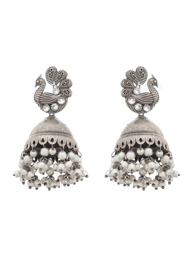 Silver Oxidised Kundan Studded & Pearl Beaded Fusion Statement Jewellery Set : SJNK2007