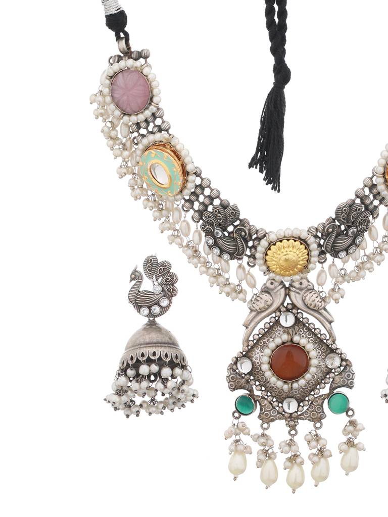 Silver Oxidised Kundan Studded & Pearl Beaded Fusion Statement Jewellery Set : SJNK2007