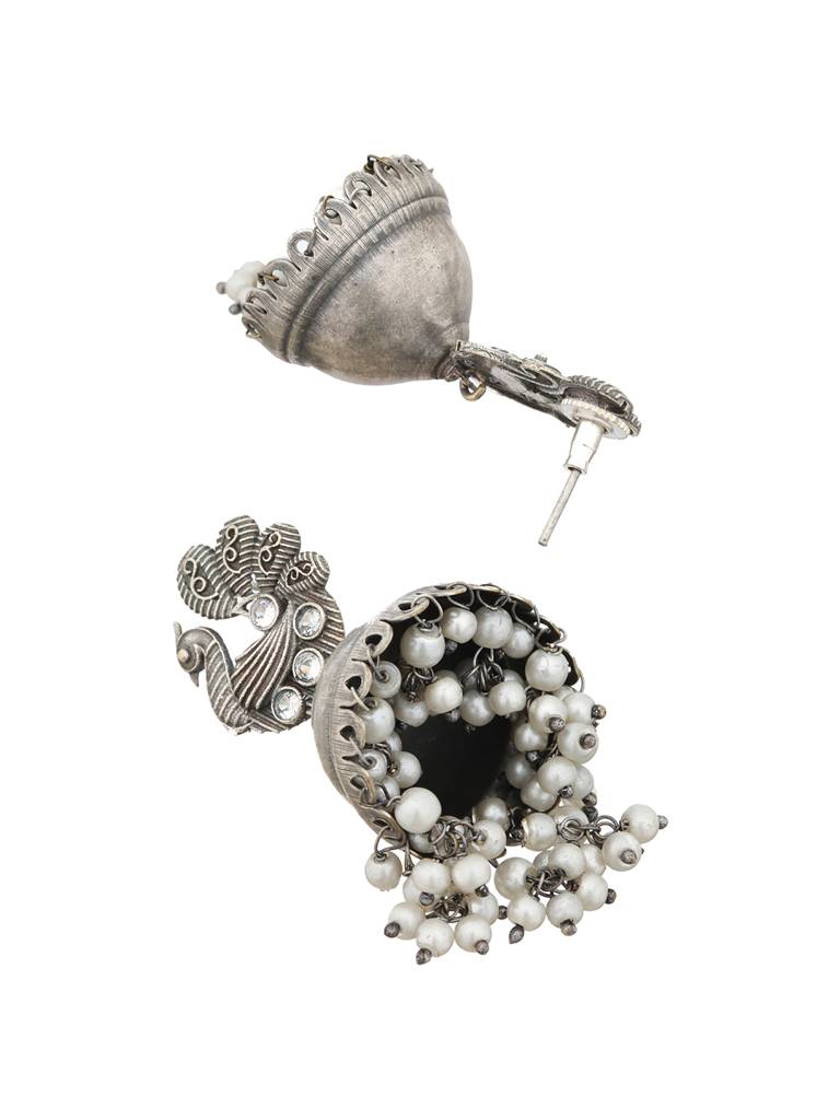 Silver Oxidised Kundan Studded & Pearl Beaded Fusion Statement Jewellery Set : SJNK2007