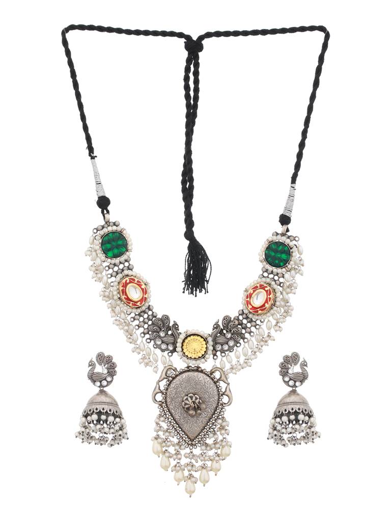 Silver Toned Oxidised Pearl Beaded Fusion Choker Jewellery Set : SJNK2008