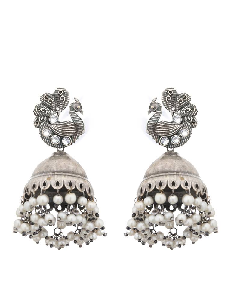 Silver Toned Oxidised Pearl Beaded Fusion Choker Jewellery Set : SJNK2008