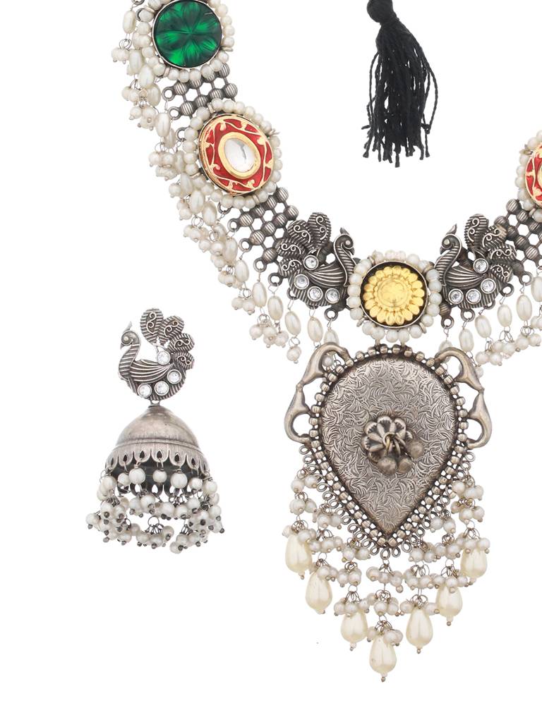 Silver Toned Oxidised Pearl Beaded Fusion Choker Jewellery Set : SJNK2008