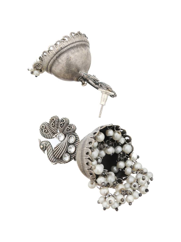 Silver Toned Oxidised Pearl Beaded Fusion Choker Jewellery Set : SJNK2008