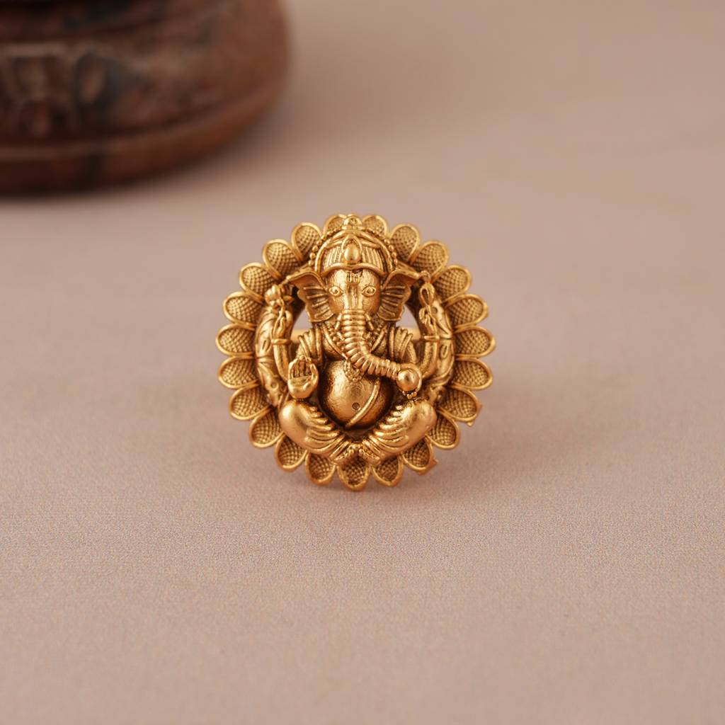 Round Antique Gold Lord Ganesh Finer Ring  I Temple Jewellery : SJ384