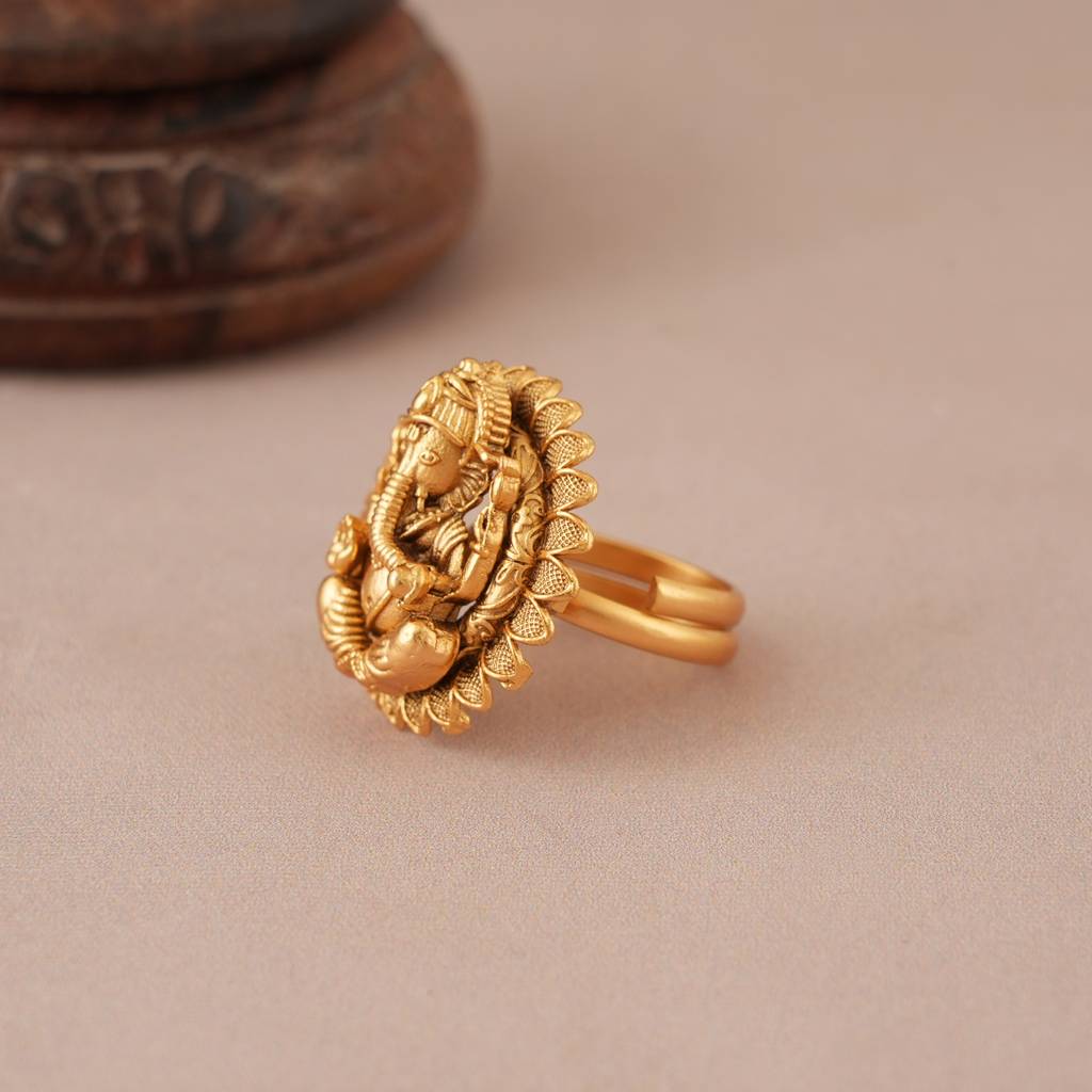 Round Antique Gold Lord Ganesh Finer Ring  I Temple Jewellery : SJ384