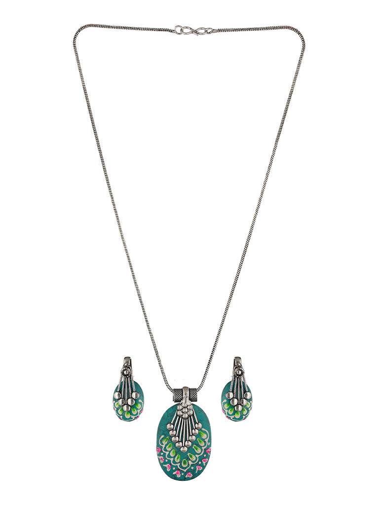 Oxidised Hand Painted & Mint Enamelled Locket Jewellery Set : SJLK2010