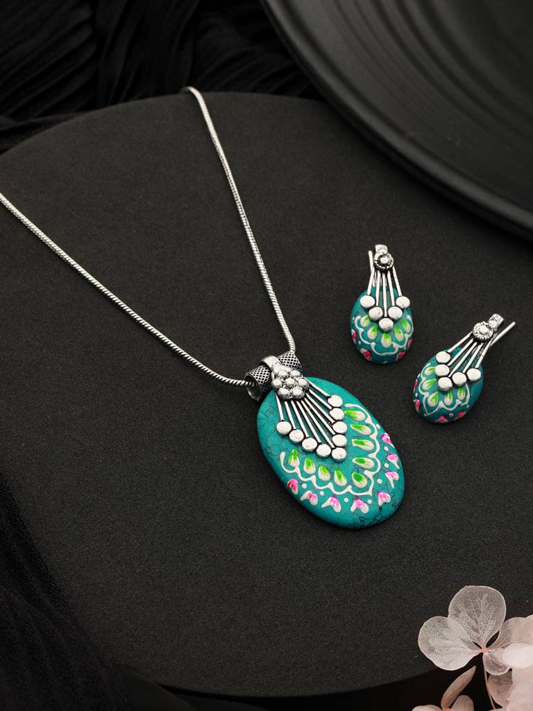 Oxidised Hand Painted Mint Enamelled Locket Jewellery Set