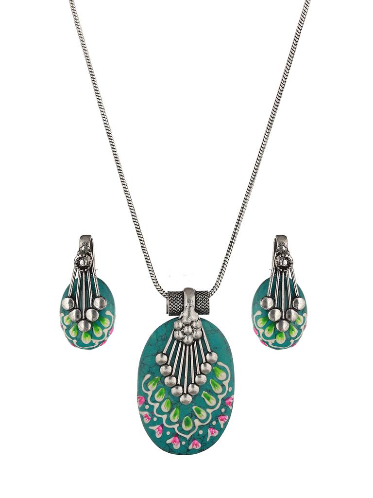 Oxidised Hand Painted & Mint Enamelled Locket Jewellery Set : SJLK2010