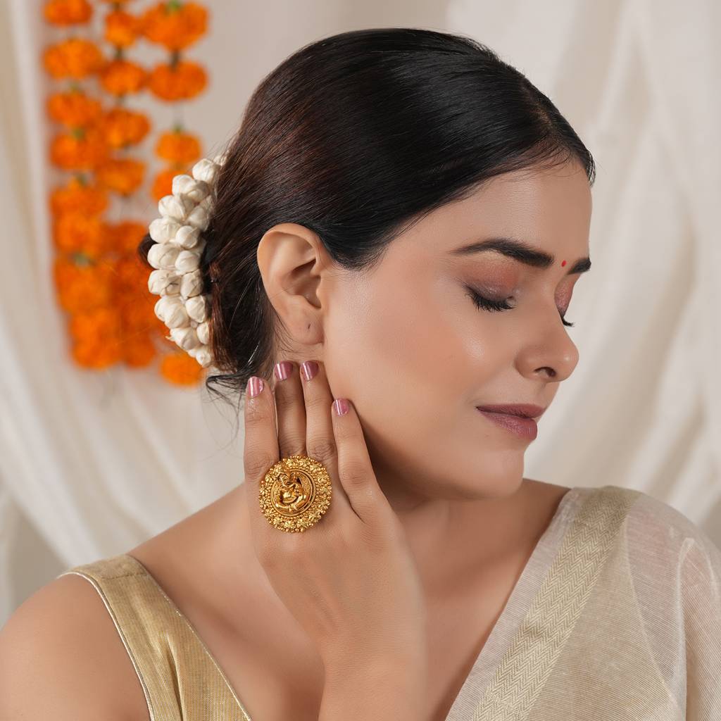 Stunning Antique Gold Ganesh Cocktail Finger Ring I Temple Jewellery : SJ385