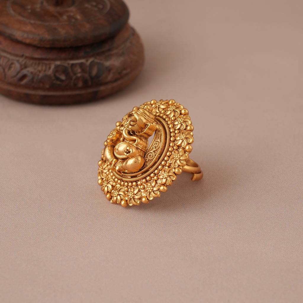 Stunning Antique Gold Ganesh Cocktail Finger Ring I Temple Jewellery : SJ385