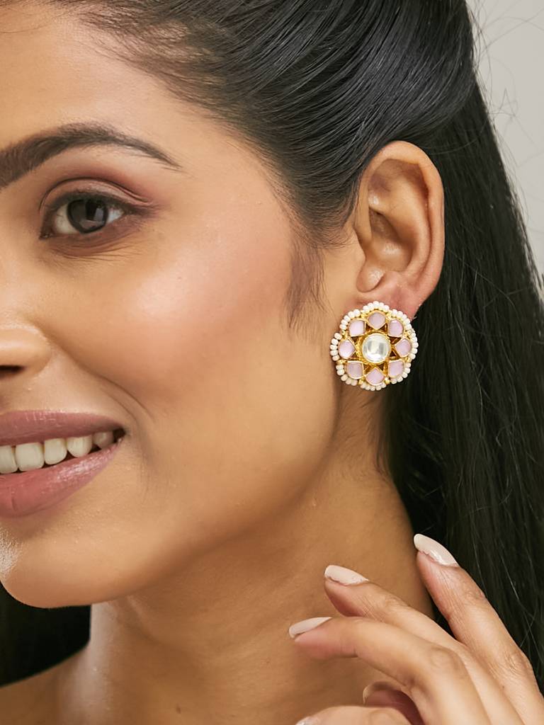 Vintage-Inspired Floral Pearl And Gemstone Stud Earrings : YI24A0172E