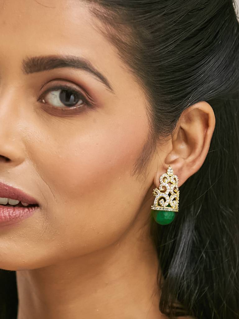 Emerald Green Gemstone And Gold Filigree Earrings With Crystals : YI24A0204E
