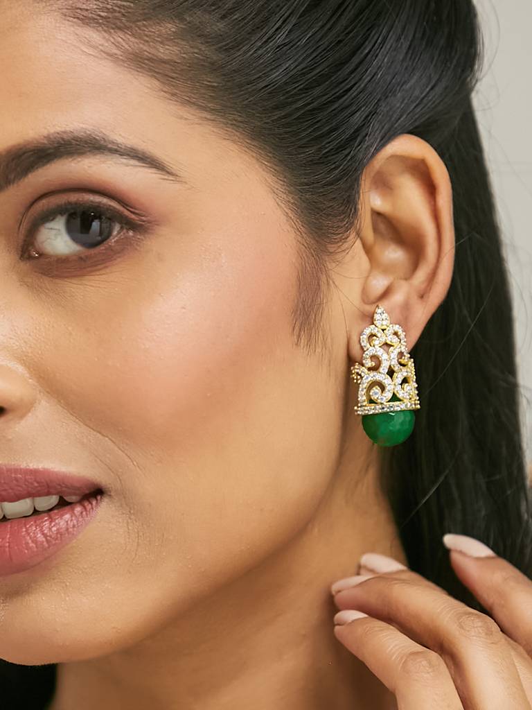Emerald Green Gemstone And Gold Filigree Earrings With Crystals : YI24A0204E