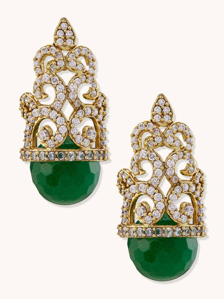 Emerald Green Gemstone And Gold Filigree Earrings With Crystals : YI24A0204E