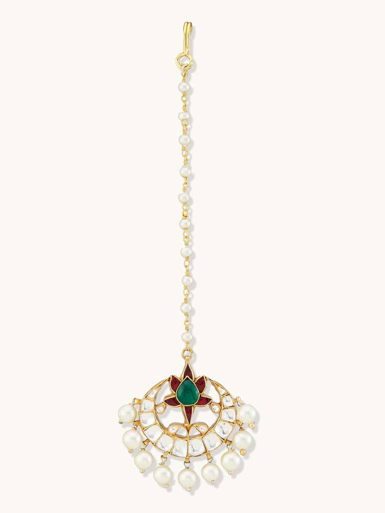 22K Gold-Plated Maang Tikka With Pearls And Gemstones : YI24A0215H