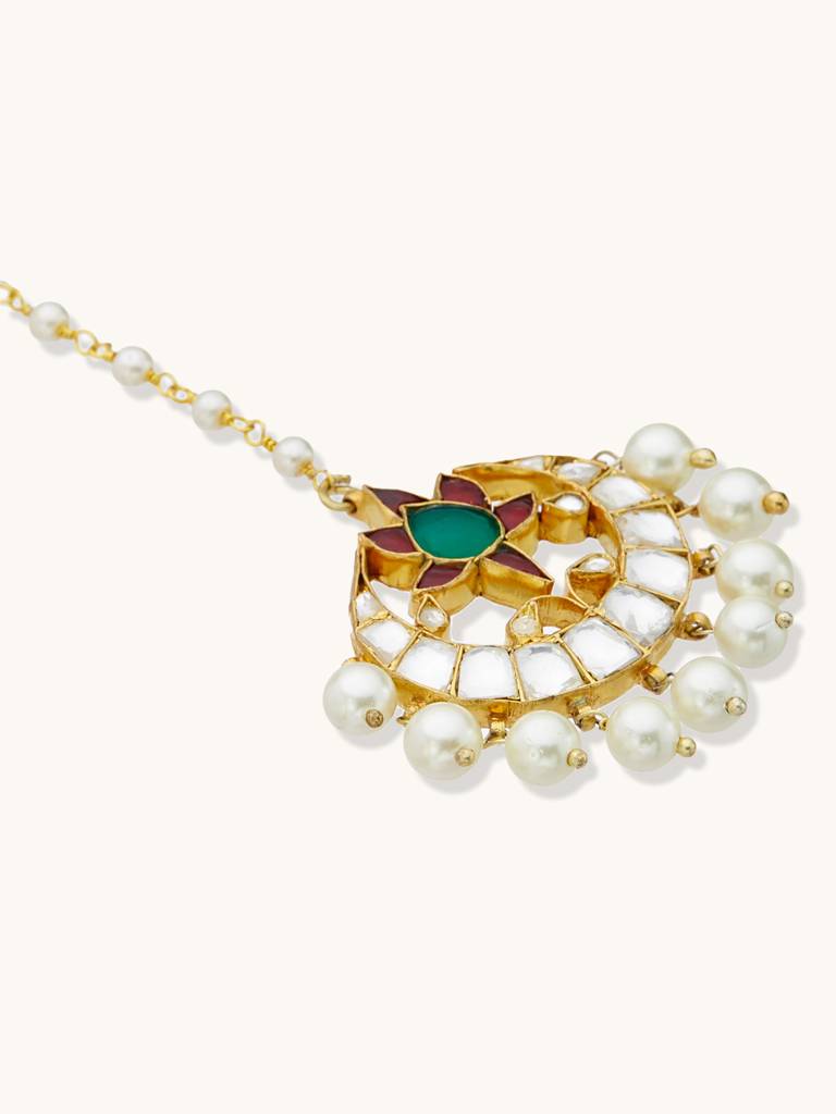 22K Gold-Plated Maang Tikka With Pearls And Gemstones : YI24A0215H