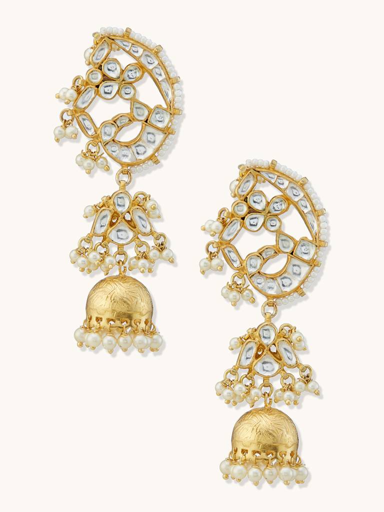 Elegant Gold-Plated Pearl Jhumka Earrings With Kundan Detailing : YI24A0181E