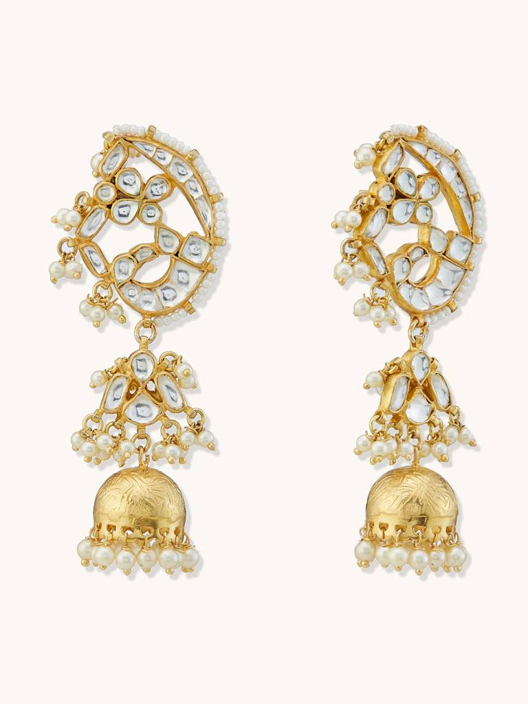 Elegant Gold-Plated Pearl Jhumka Earrings With Kundan Detailing : YI24A0181E