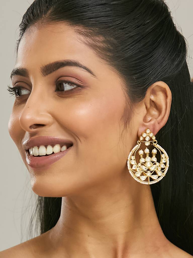 Elegant Gold-Plated Kundan And Pearl Chandbali Earrings : YI24A0184E
