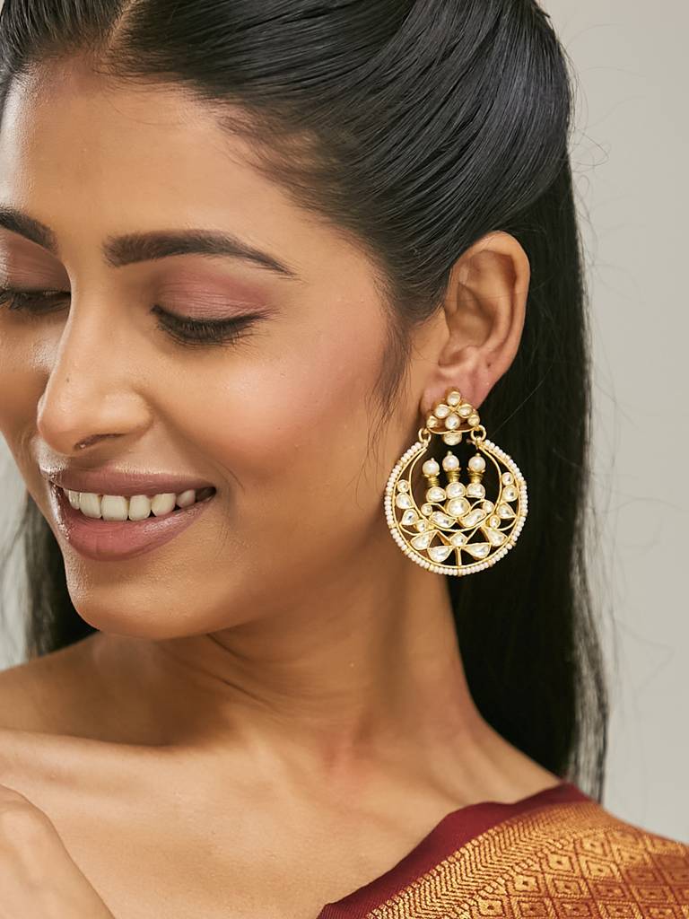 Elegant Gold-Plated Kundan And Pearl Chandbali Earrings : YI24A0184E