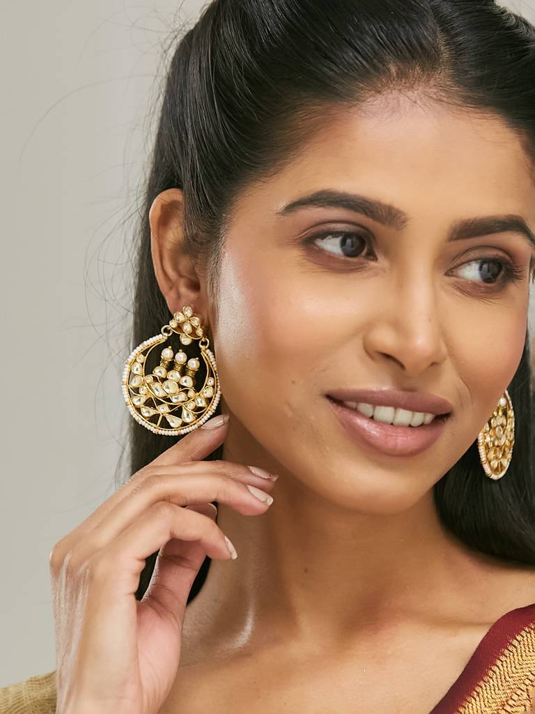 Elegant Gold-Plated Kundan And Pearl Chandbali Earrings : YI24A0184E