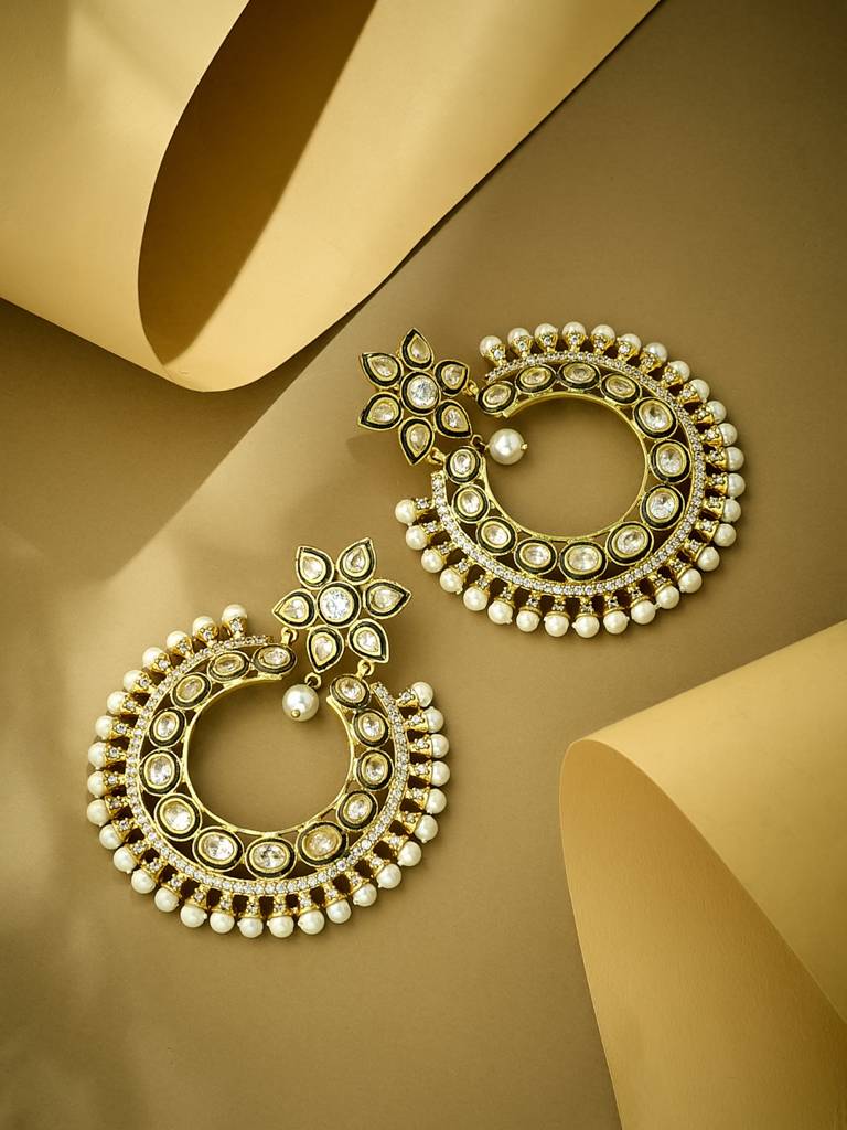 Elegant Gold-Plated Kundan Pearl Chandbali Earrings : YI24A0199E