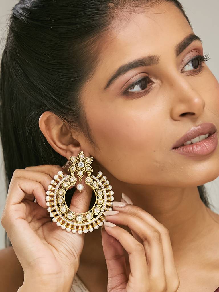 Elegant Gold-Plated Kundan Pearl Chandbali Earrings : YI24A0199E