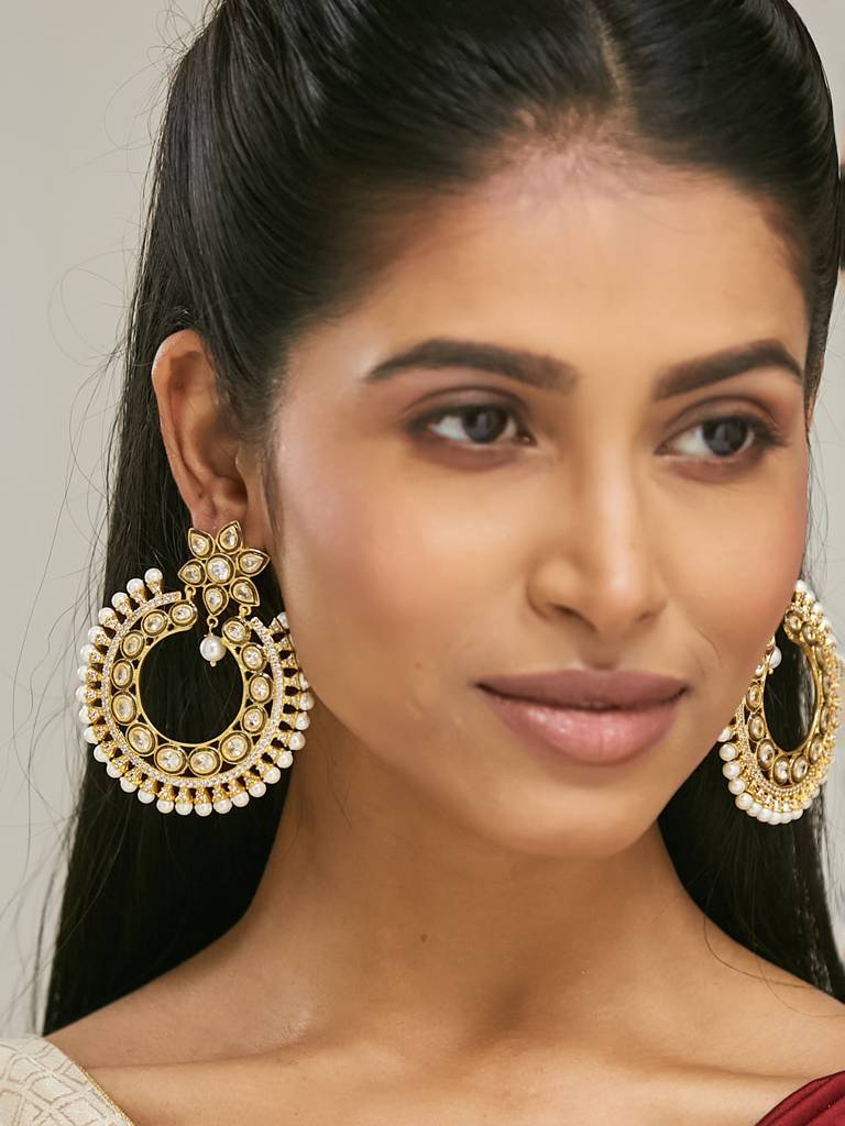 Elegant Gold-Plated Kundan Pearl Chandbali Earrings : YI24A0199E