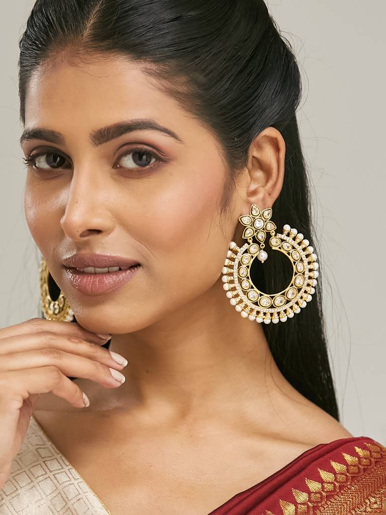 Elegant Gold-Plated Kundan Pearl Chandbali Earrings : YI24A0199E