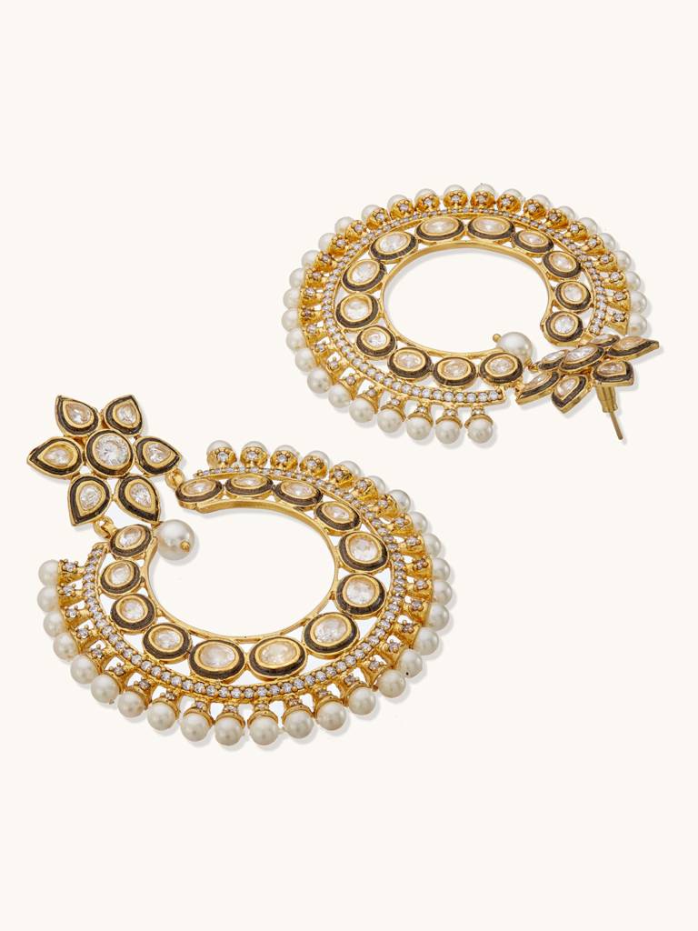 Elegant Gold-Plated Kundan Pearl Chandbali Earrings : YI24A0199E