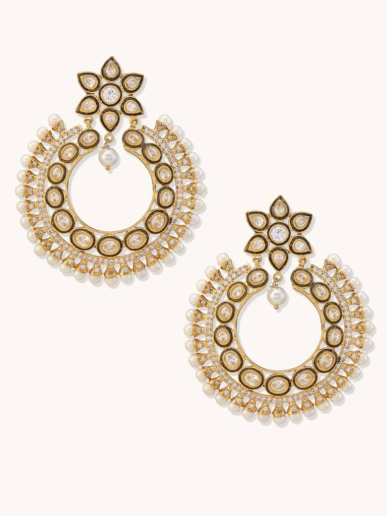Elegant Gold-Plated Kundan Pearl Chandbali Earrings : YI24A0199E