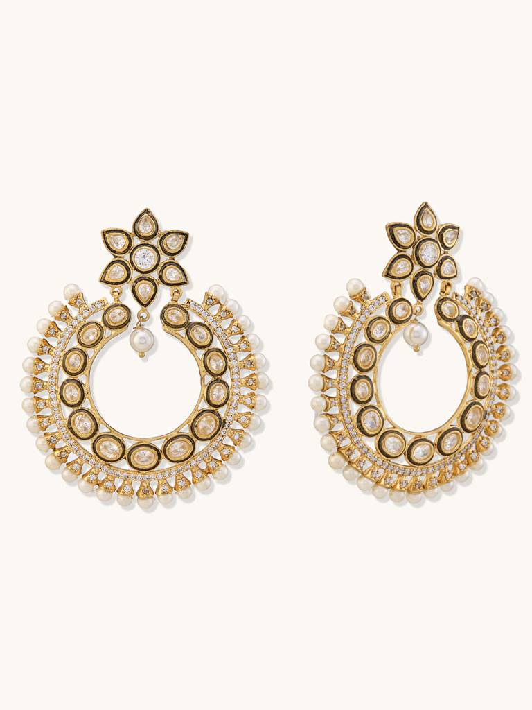 Elegant Gold-Plated Kundan Pearl Chandbali Earrings : YI24A0199E