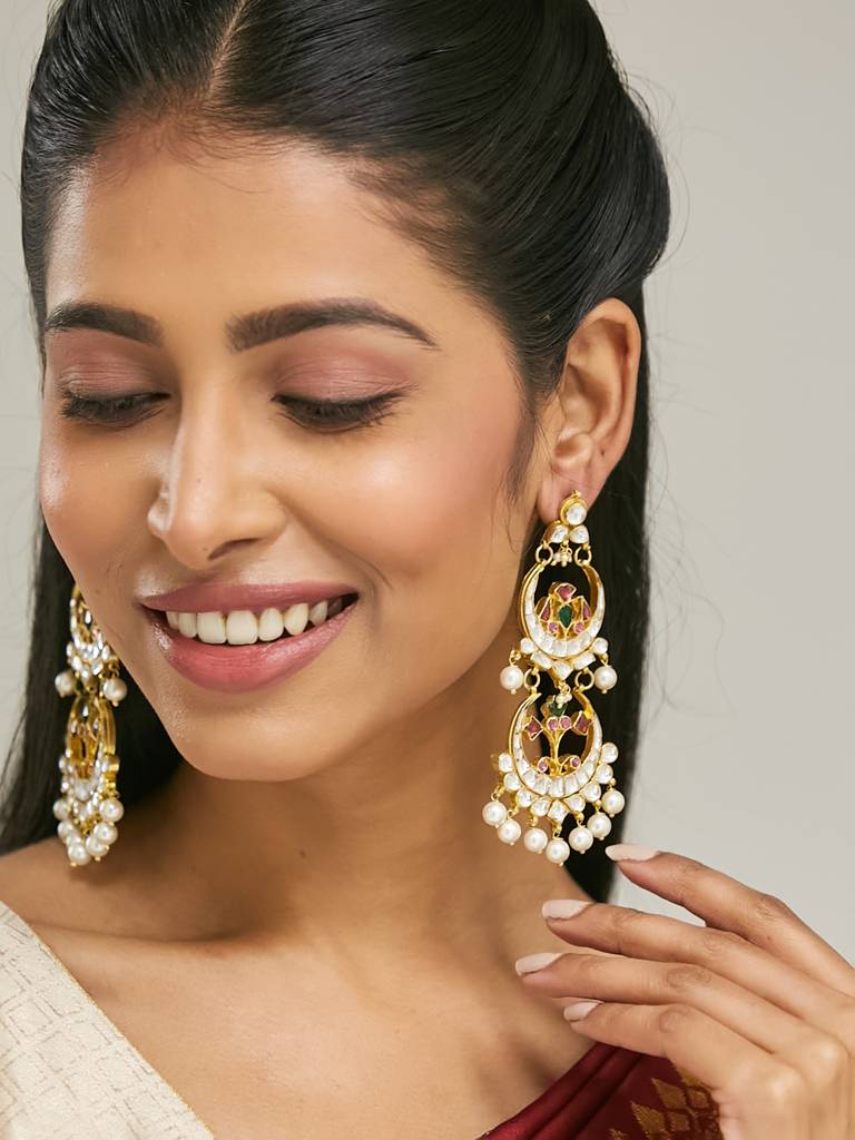 Elegant Multicolor Kundan Pearl Chandbali Earrings : YI24A0180E