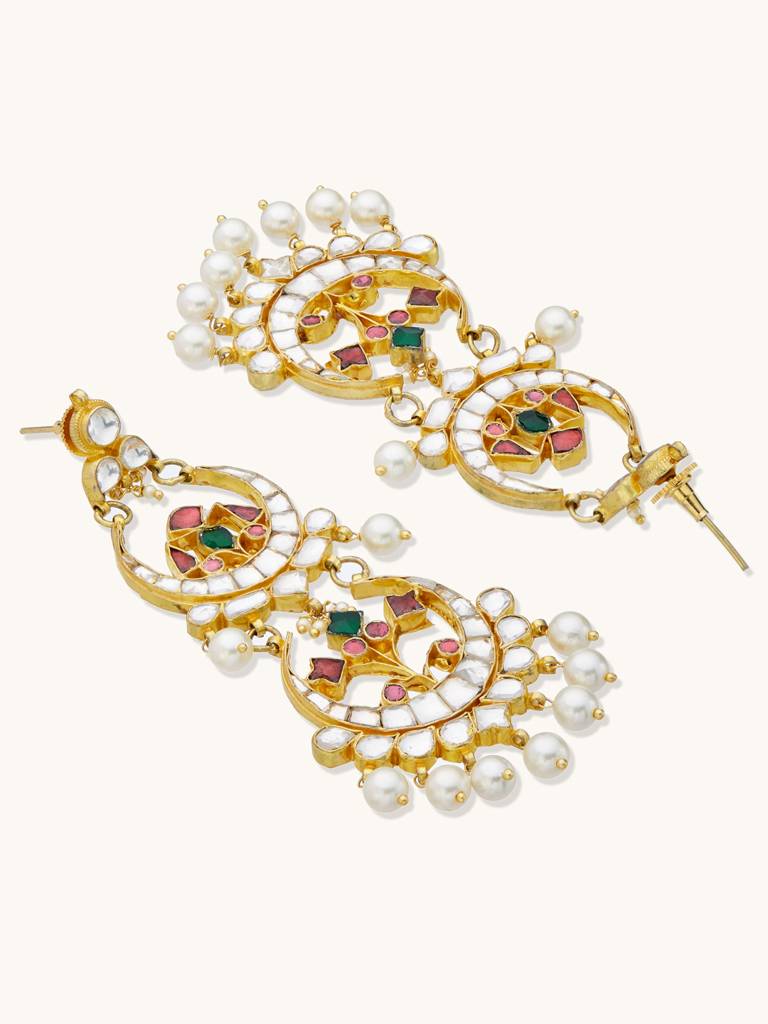 Elegant Multicolor Kundan Pearl Chandbali Earrings : YI24A0180E