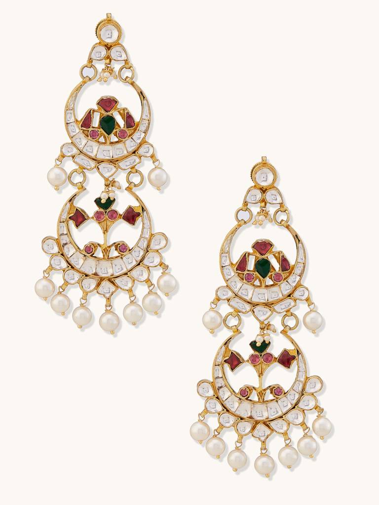 Elegant Multicolor Kundan Pearl Chandbali Earrings : YI24A0180E