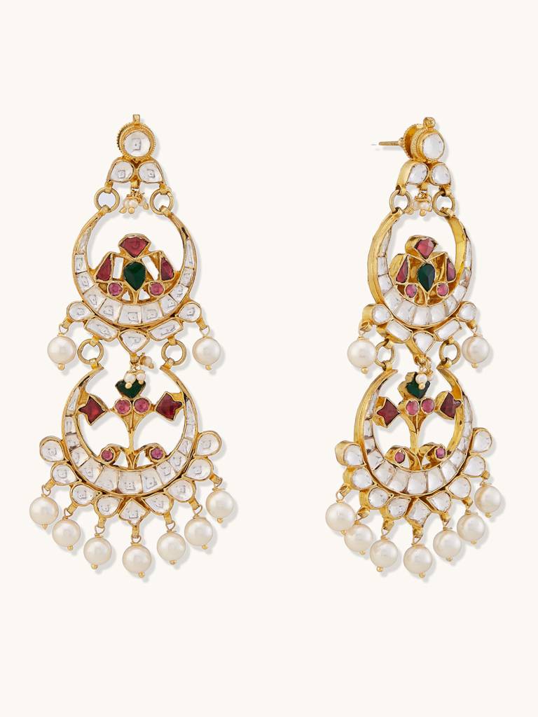 Elegant Multicolor Kundan Pearl Chandbali Earrings : YI24A0180E