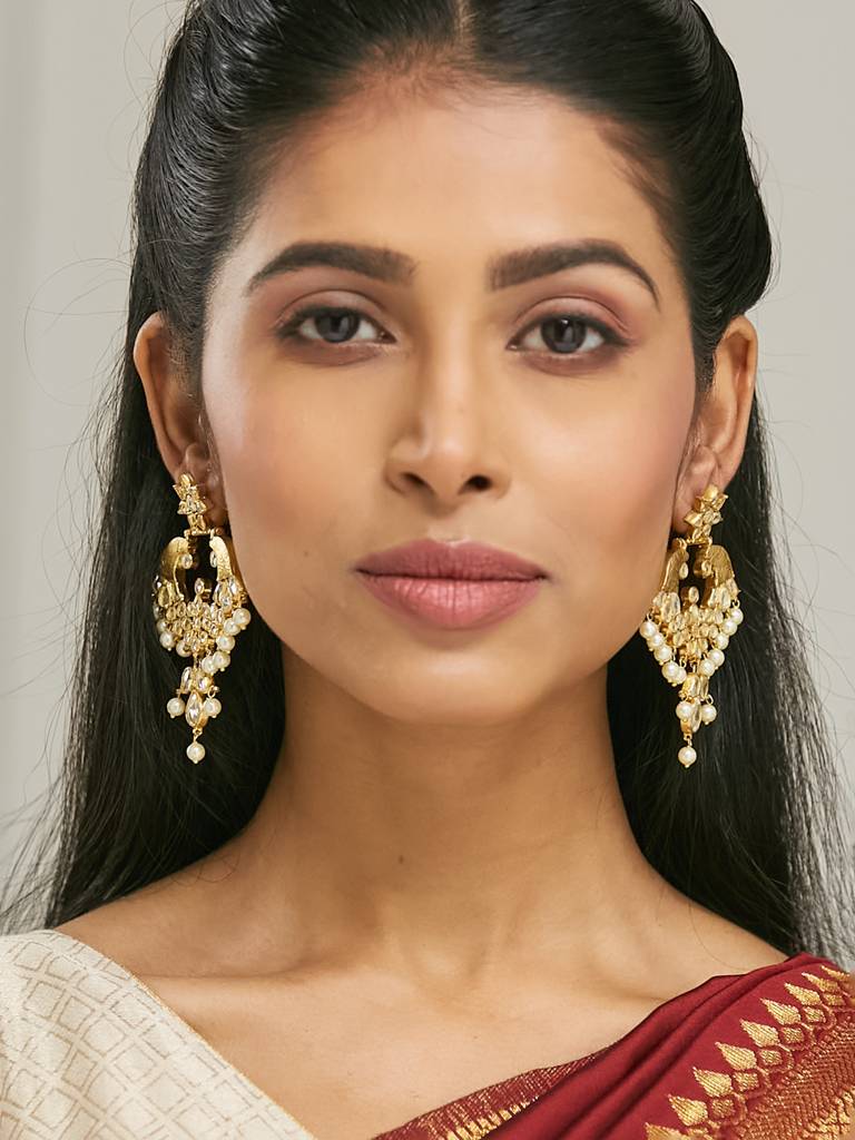 Elegant Gold-Plated Kundan Pearl Chandbali Earrings For Women : YI24A0194E