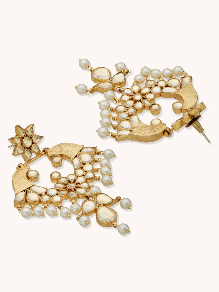Elegant Gold-Plated Kundan Pearl Chandbali Earrings For Women : YI24A0194E