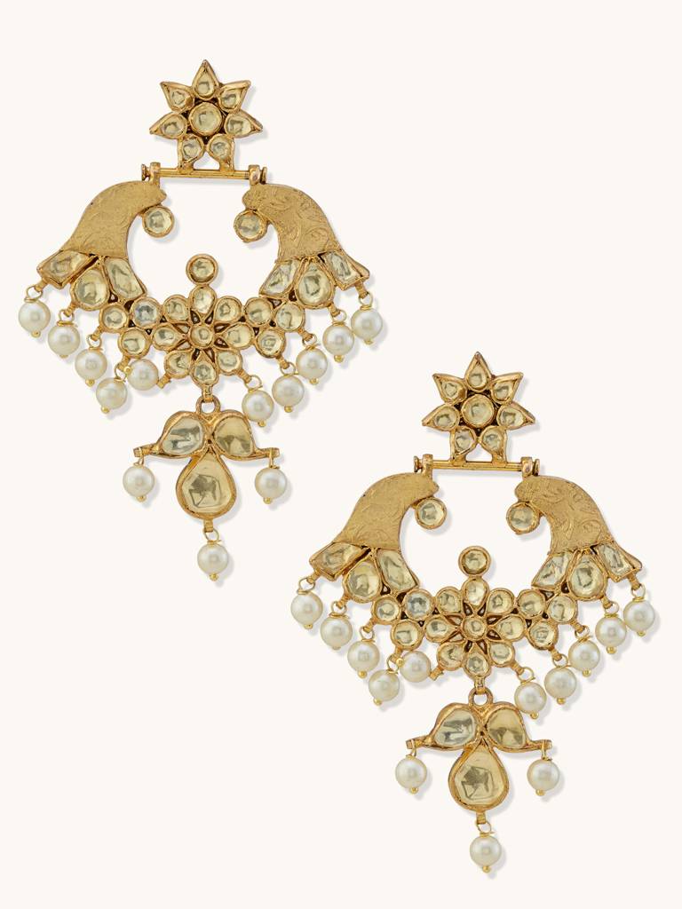 Elegant Gold-Plated Kundan Pearl Chandbali Earrings For Women : YI24A0194E
