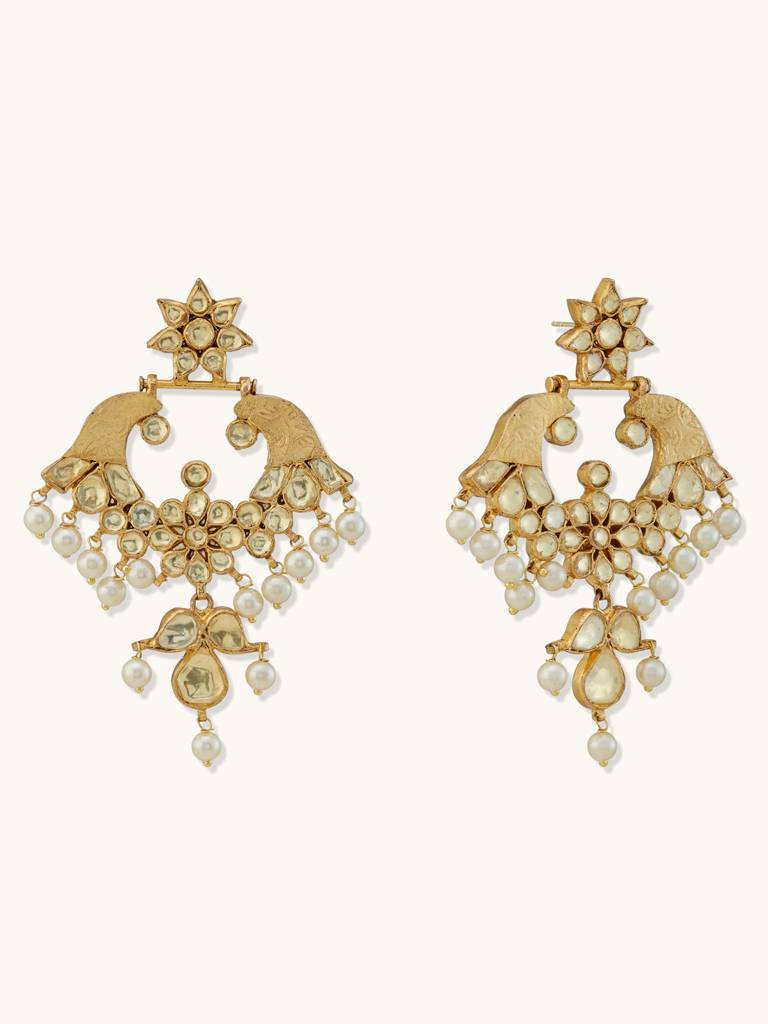 Elegant Gold-Plated Kundan Pearl Chandbali Earrings For Women : YI24A0194E